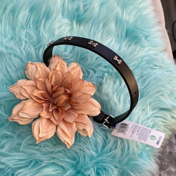 Dog Collar Black Leather With Silver Bones Medium NEW! - Picture 1 of 4